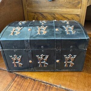 Black Metal Decorative Chest with Copper Crest Accents